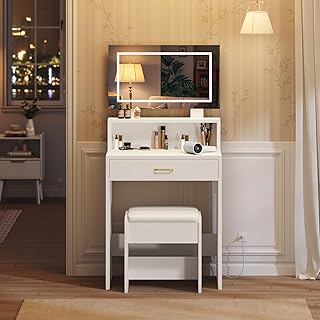 Small Makeup Vanity Desk with Mirror and Lights, Vanity Table Set with Storage Drawers and Chair, Storage Shelves for Compact Space, Dressing Table Small for Bedroom, White