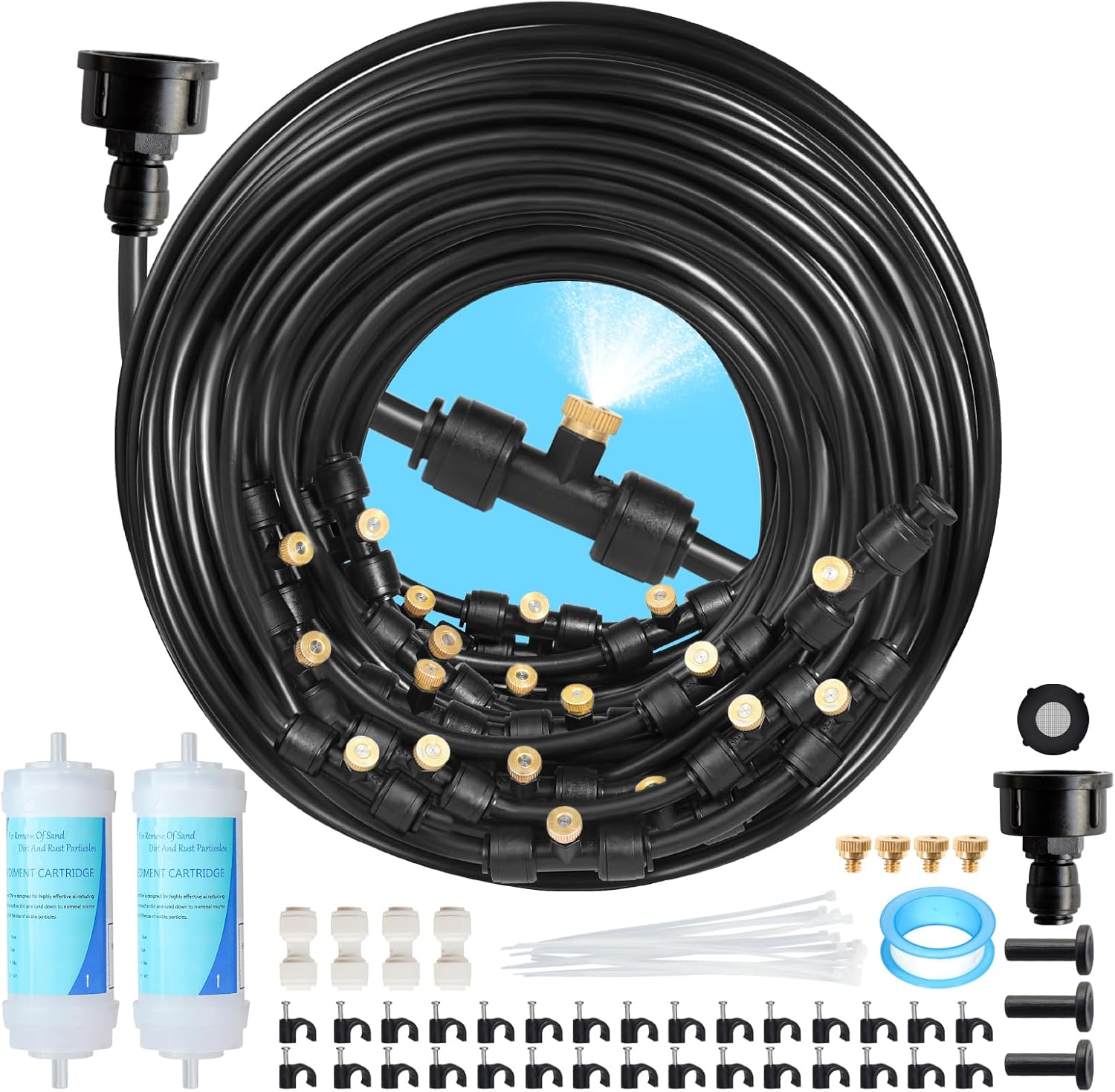 85FT Mister for Outside Patio Misting Cooling System, 85FT (26M) Misting Line+26 Brass Mist Nozzles+Water Filter, Outdoor Mister System for Garden Greenhouse Trampoline Waterparke