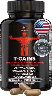 Anabolic Booster & Muscle Builder, T-GAINS Testosterone Supplement for Men, TRT Test Booster & Estrogen Blocker, HGH Supplements for Men - Tongkat Ali Fadogia Agrestis for Muscle Growth, 120 Caps