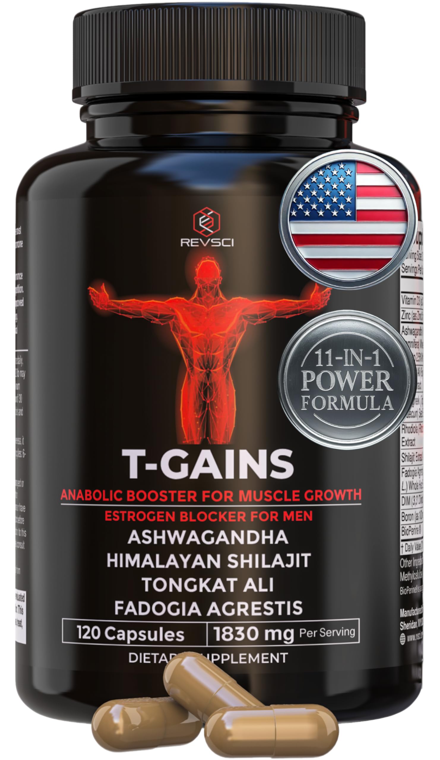 Anabolic Booster & Muscle Builder, T-GAINS Testosterone Supplement for Men, TRT Test Booster & Estrogen Blocker, HGH Supplements for Men - Tongkat Ali Fadogia Agrestis for Muscle Growth, 120 Caps