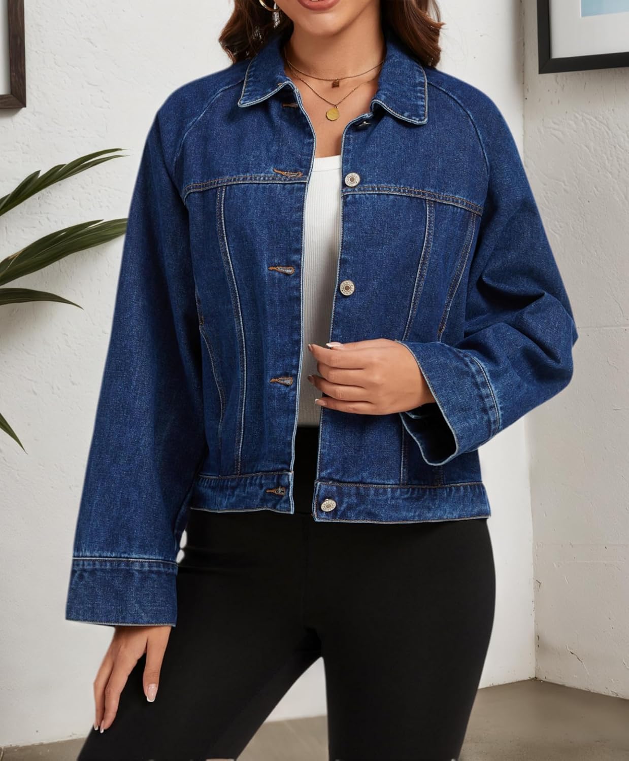 Women's Denim Jacket Long Sleeve Button Washed Jean Western Oversized Jackets Trucker Coat - Image 2