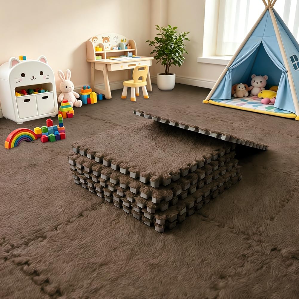 12 Pack Foam Interlocking Floor Tiles Plush Floor Tiles 30x30cm for Living Room and Bedroom Soft Play Mats Interlocking Foam Floor Tiles (Dark Brown)