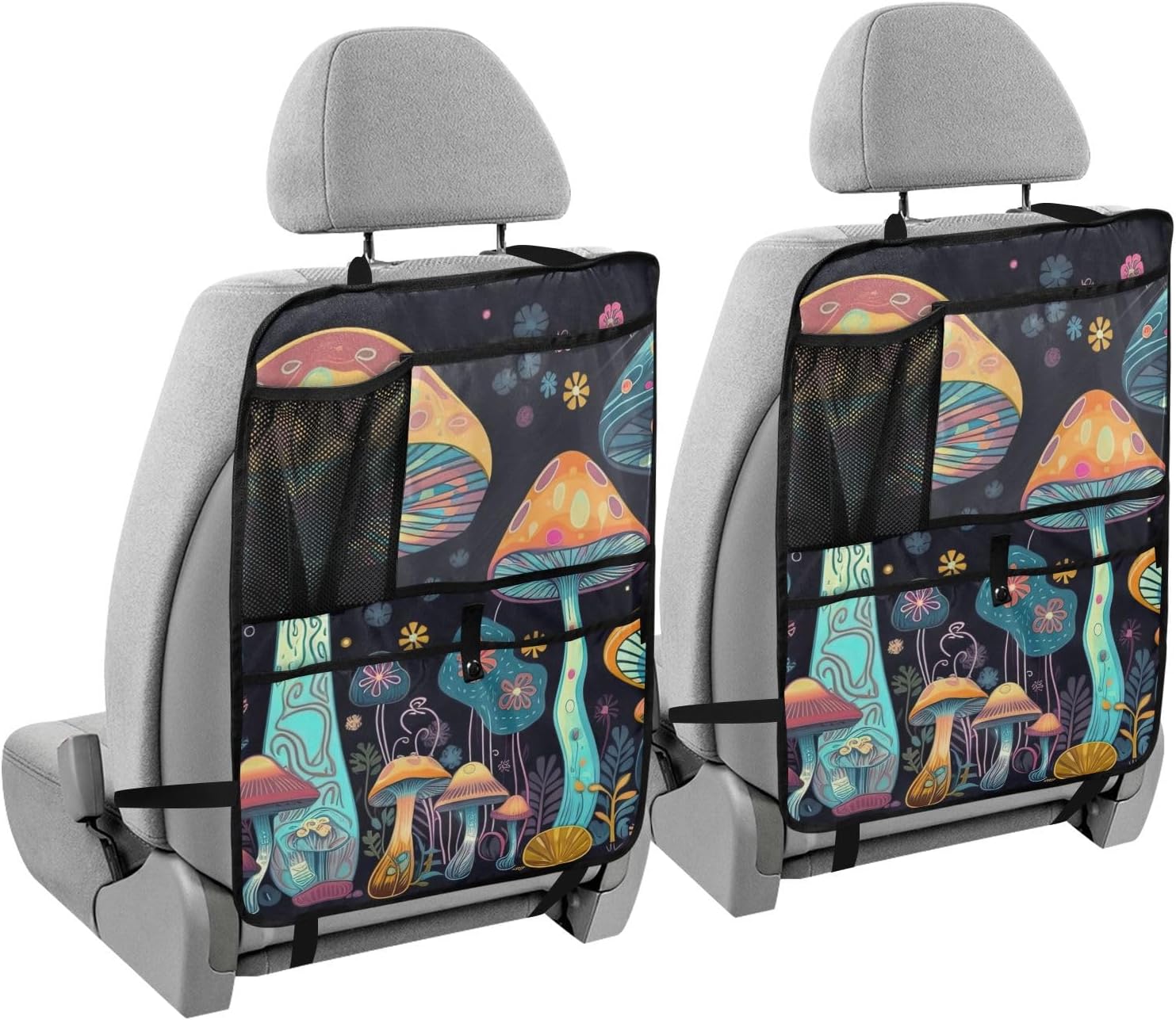 Car Seat Back Kick Mats Fantasy Tall Mushroom Print, Seatback Protector with Pockets for Tablet Bottle Tissue Book, Auto Storage Organizers 25x18 IN 2 Pack