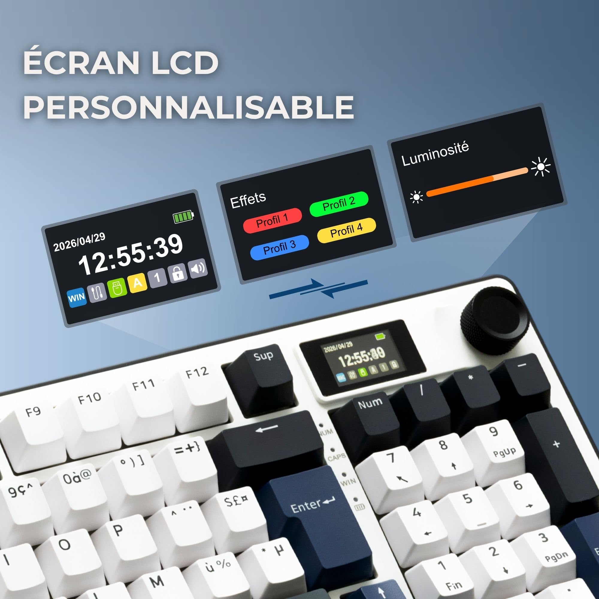 The G-Lab Keyz Elite 450 WB - Clavier Gamer sans Fil Ecran LCD RGB | AZERTY FR, Sans Fil Tri Mode 2.4GHz/Bluetooth/Filaire, Ecran LCD, Switch Mécanique Hot Swap Pré-lubrifiés, Gasket 5 Couches