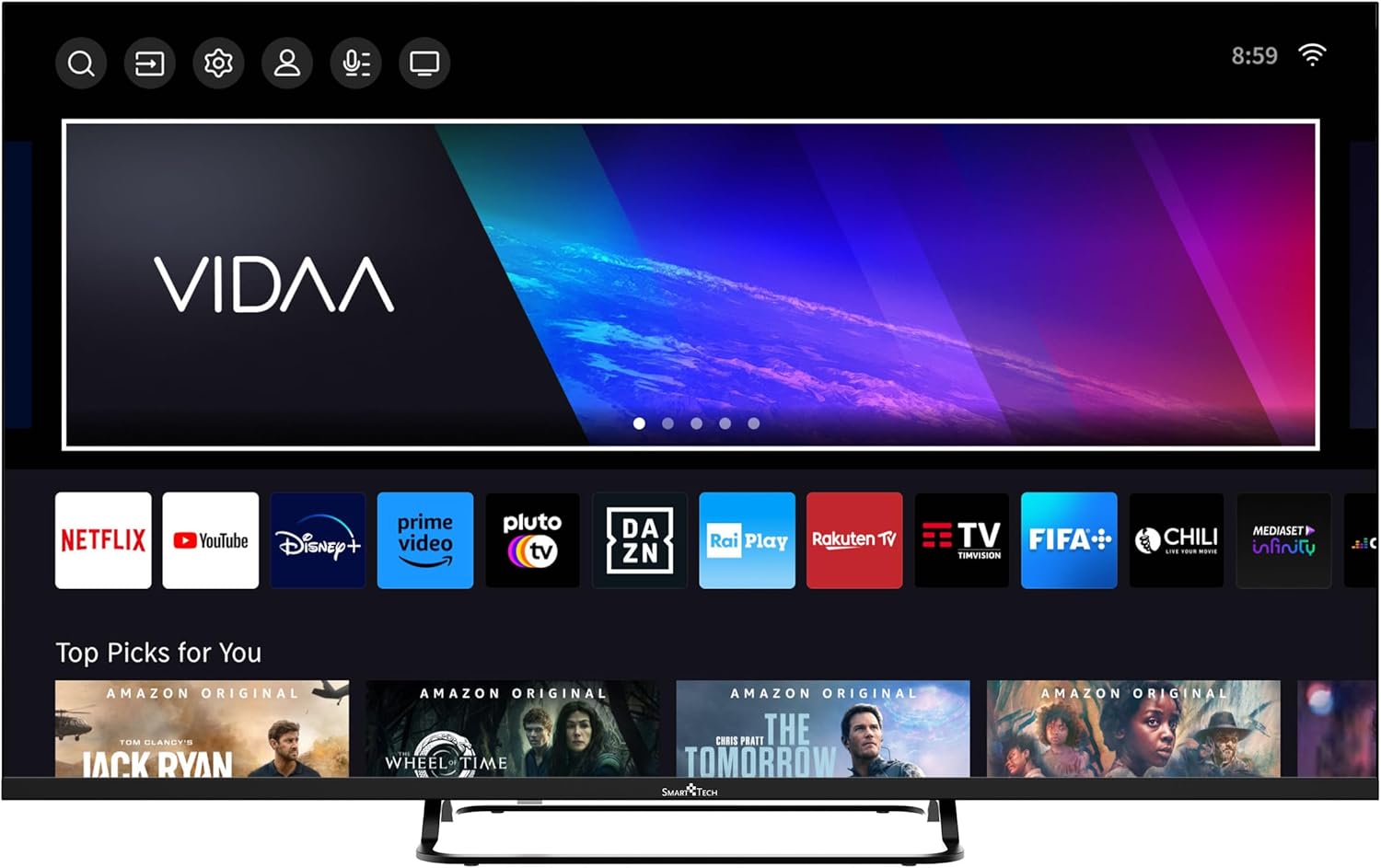 Smart Tech TV displaying the VIDAA Smart TV home screen with various app icons