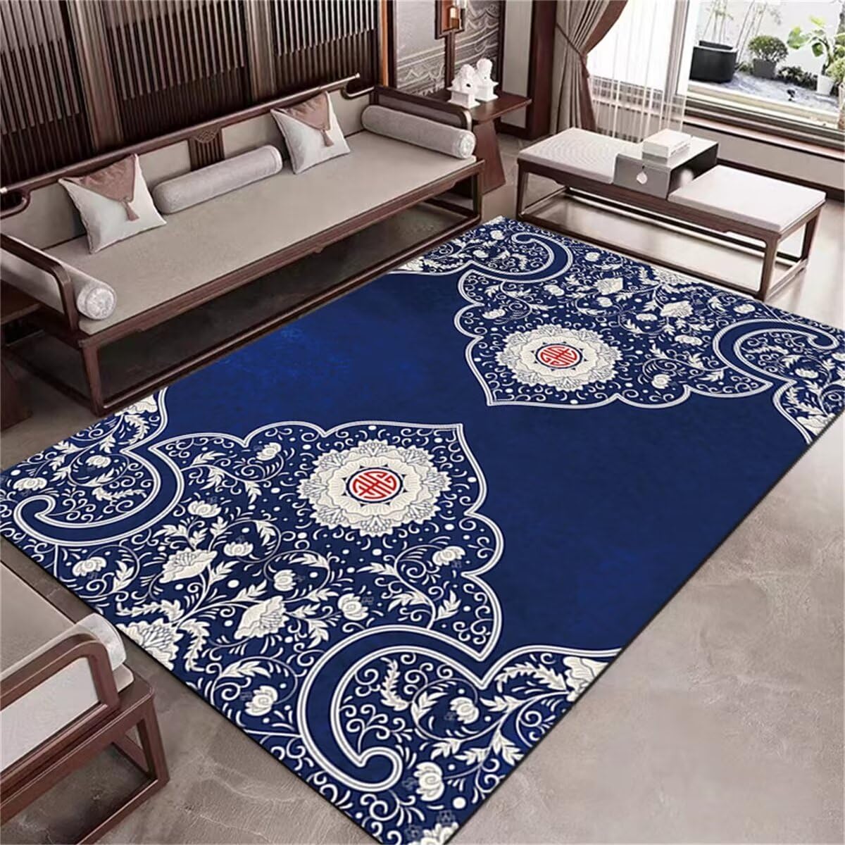 Tapis salon design moderne bleu floral 120x160 pour une chambre d'enfant douce et lavable