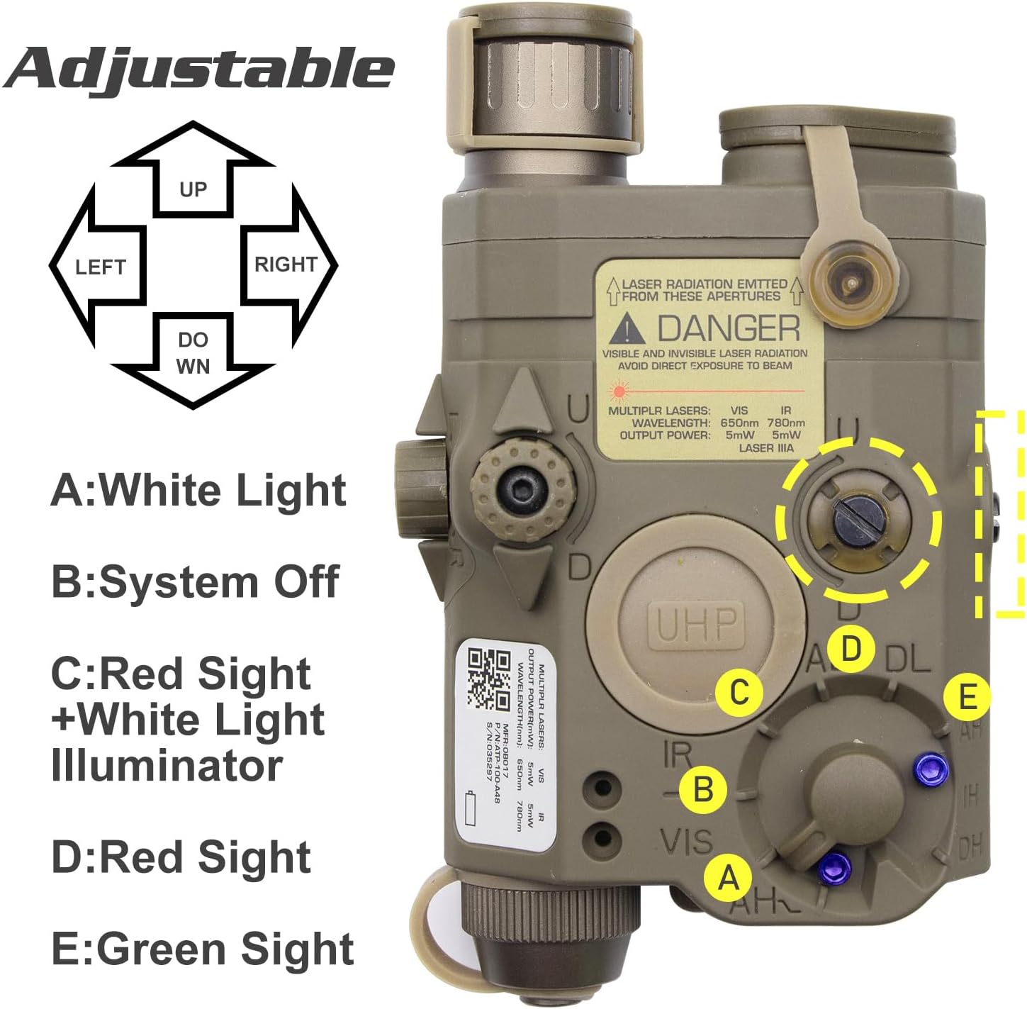 Zhongren Airsoft Tactical 3 in 1 PEQ 15 IR Laser White LED Flashlight + Red/Green Laser Sight for AEG GBB CQB for Outdoor Paintball Hunting