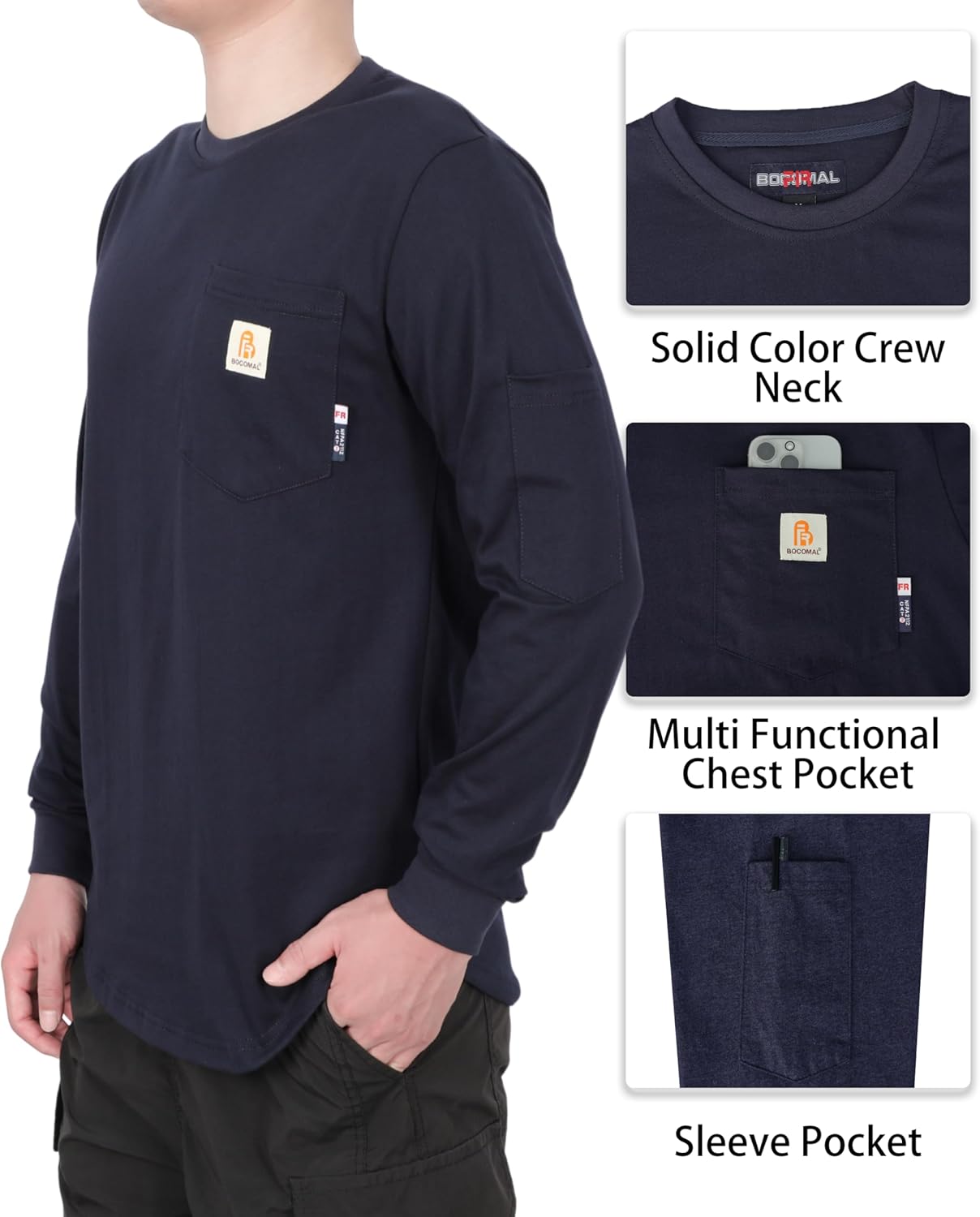 BOCOMAL Men's FR Shirts 6oz Midweight Crew Neck Long Sleeve Shirt Fire Retardant Soft Workwear