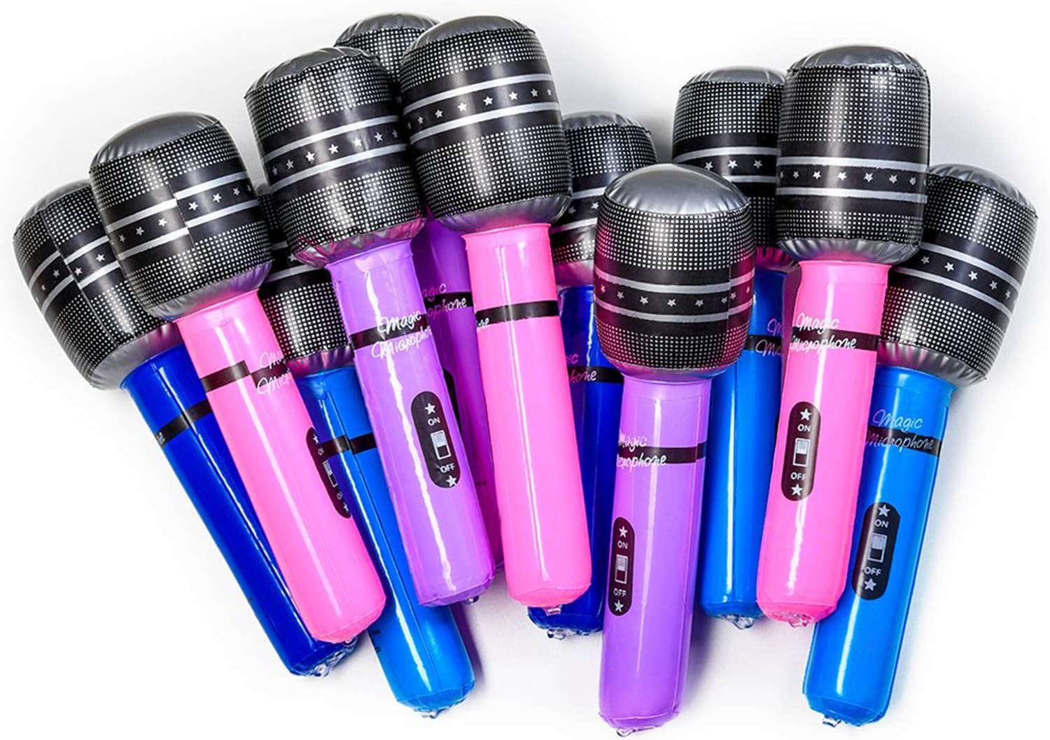 Kicko 10.5 Inch Wireless Inflatable Microphone - 12 Pack of Multicolored Mic - Perfect for Pool Toy, Stage Act, Educational, Pretend Play, Party Favor, and Supplies