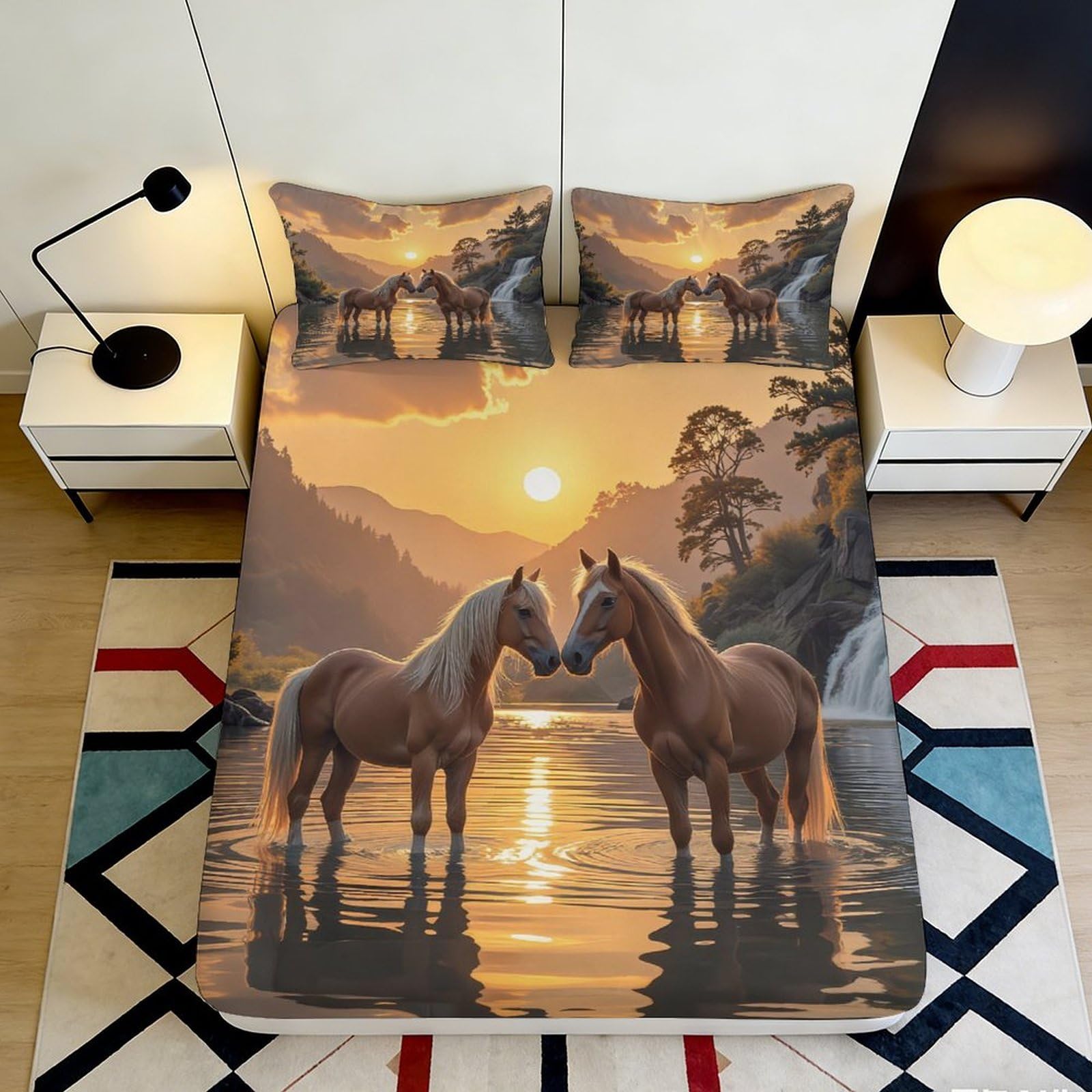 3D Printed Sunset Horse Fitted Sheet Microfiber Anti-Slip Bed Cover for Bedroom Guest Room Dorm Decorative Easy Care 90x200x25cm