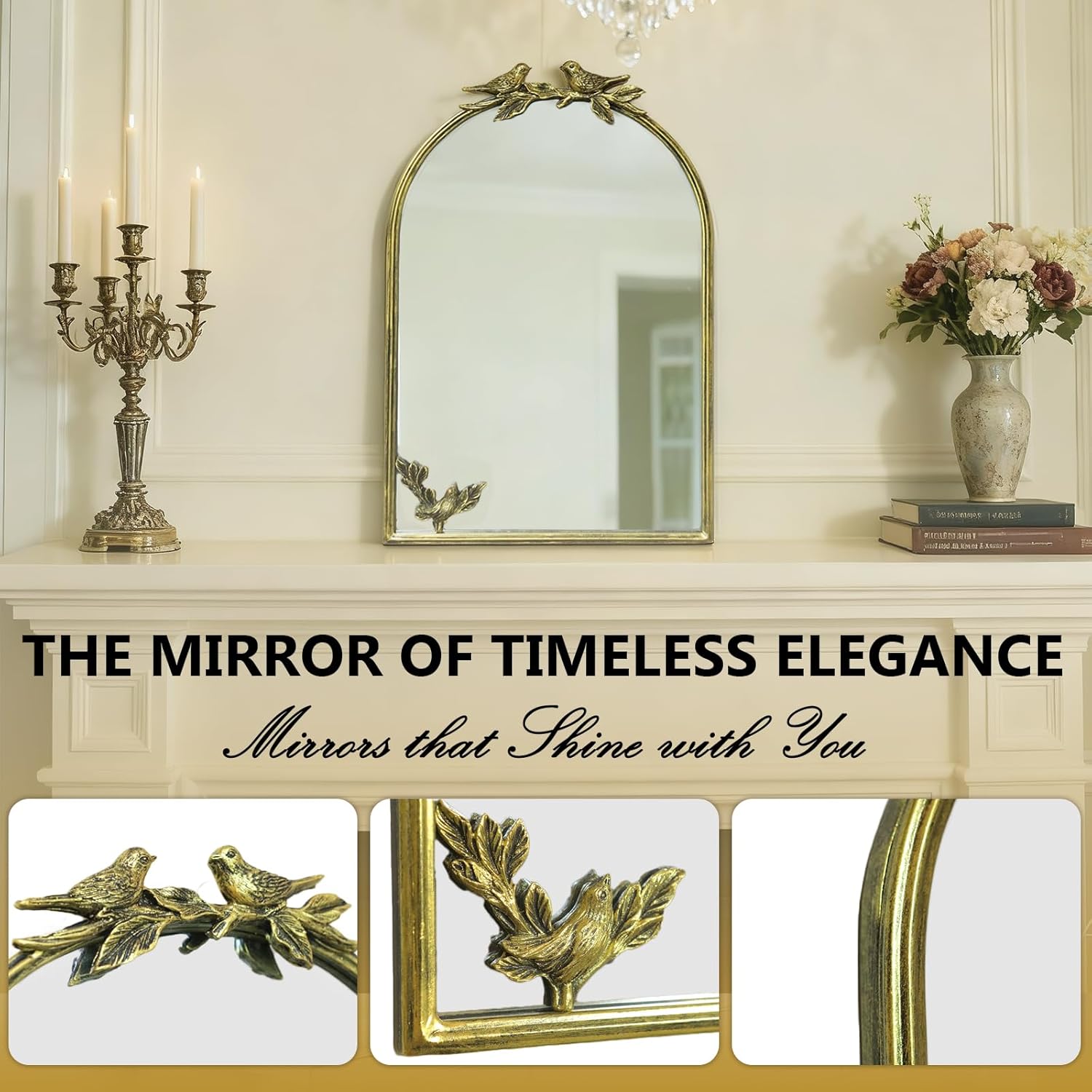 Antique Baroque Vintage Vanity Mirror 22x15Inch, Gold with Ornate Antique Frame, Arched Vintage Wall Mirror for Living Room, Fireplace, Entryway