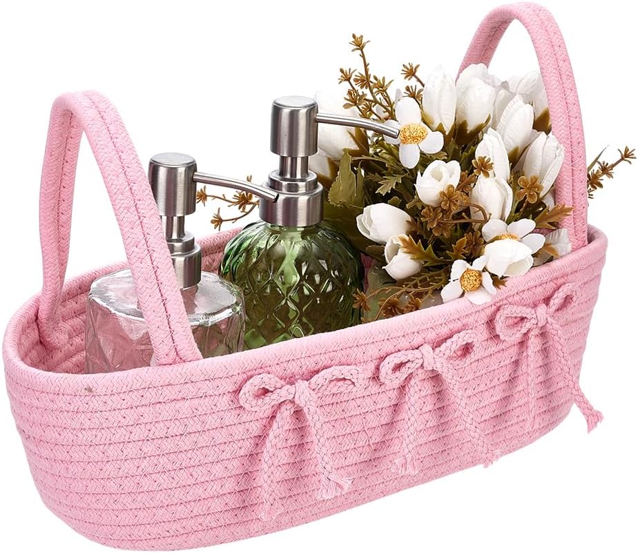 Pink Bow Toilet Tank Paper Towel Holder Woven Storage Basket