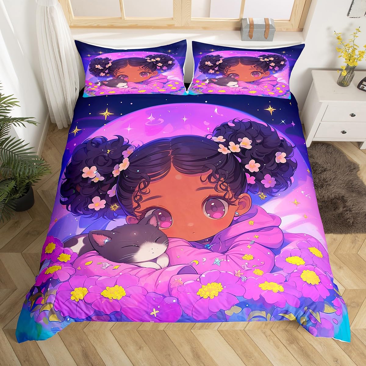 Cartoon Black Girls Decorations,Good Night Theme Duvet Cover for All Season,Pink Glitter Cute Cat Pet Bedroom Decor Comforter Cover (No Filler) Full Size,3PCS