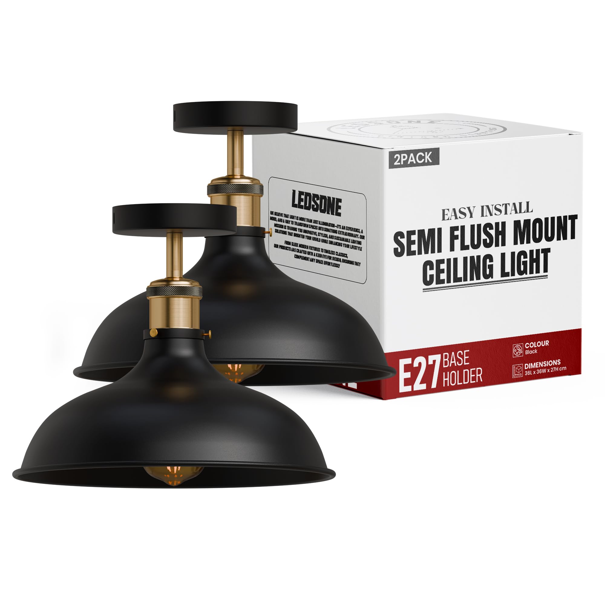 LEDSone 2 Pcs Vintage Industrial Ceiling Lights 36CM Semi Flush Mount Lighting Fixtures Black Modern Large Ceiling Light Semi Flush Ceiling Lights for Kitchen Hallway Dining Room Living Room With Bulb
