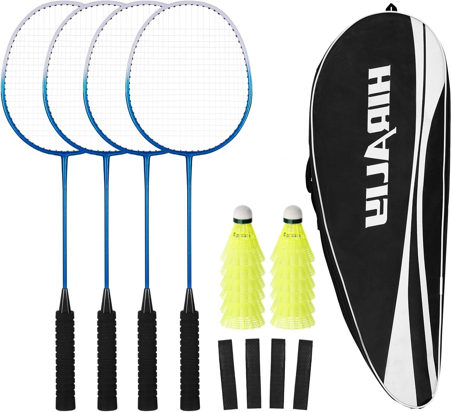 HIRALIY Badminton Rackets Set of 4 for Outdoor Backyard Games, Including 4 Rackets, 12 Nylon Shuttlecocks, 4 Replacement Grip Tapes and 1 Carrying Bag