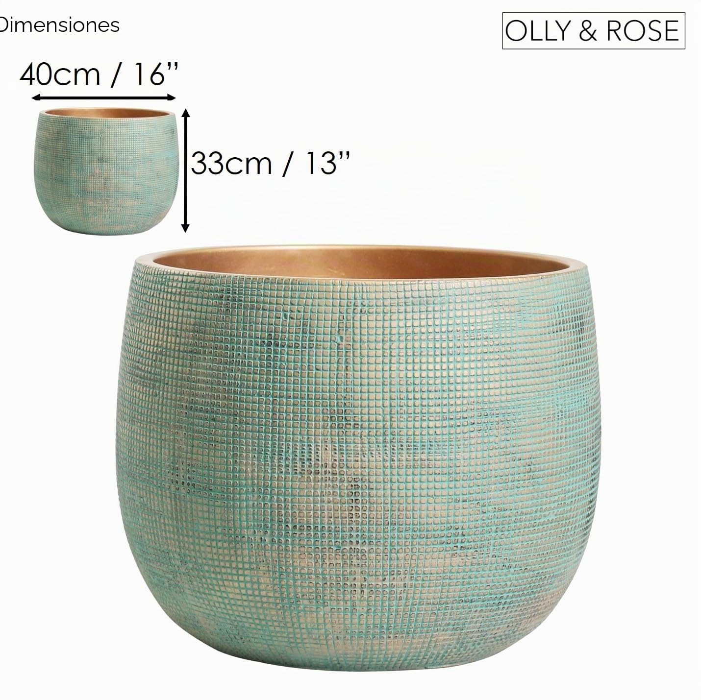 Olly & Rose Maceta Extragrande con diseño de Bali, Verde Azulado y Dorado, Maceta XL, 40 cm