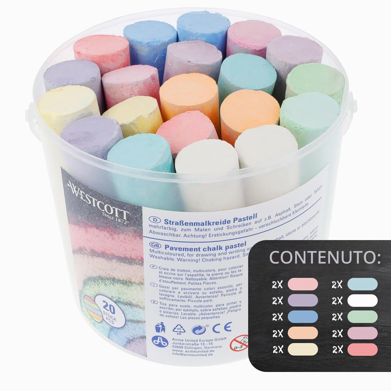 Westcott gesso colorati stradale | 20 gessetti colorati per bambini in un pratico secchiello | facilmente lavabili | adatti per asfalto, lavagne o pietra | E-744985 00 (Confezione da 2)