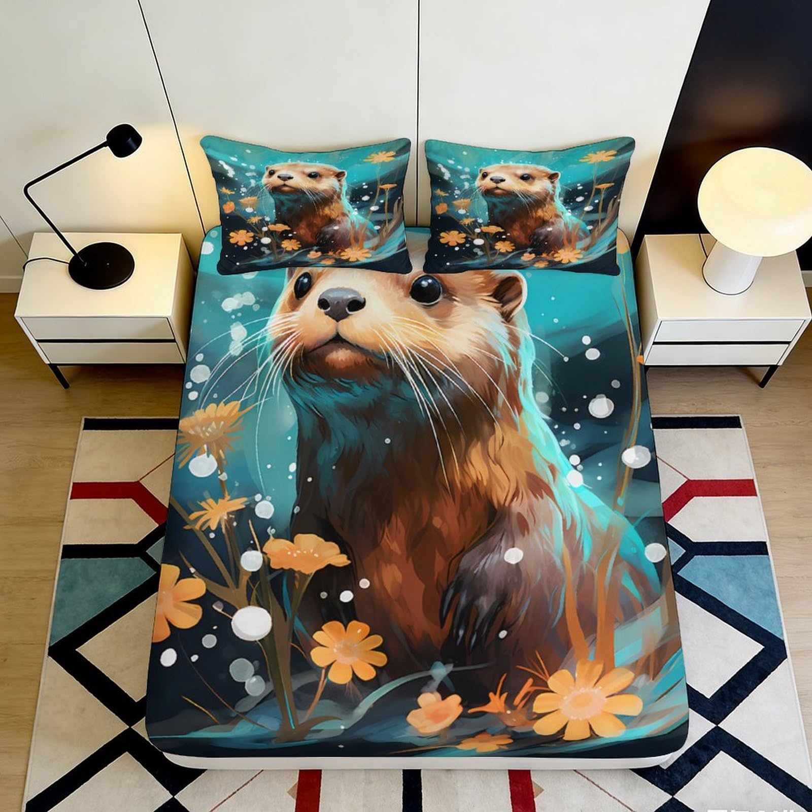 3D Printed Otter Art Fitted Sheet Microfiber Soft Breathable Floral Forest Mattress Cover for Bedroom Dorm Decor 90x200x25cm