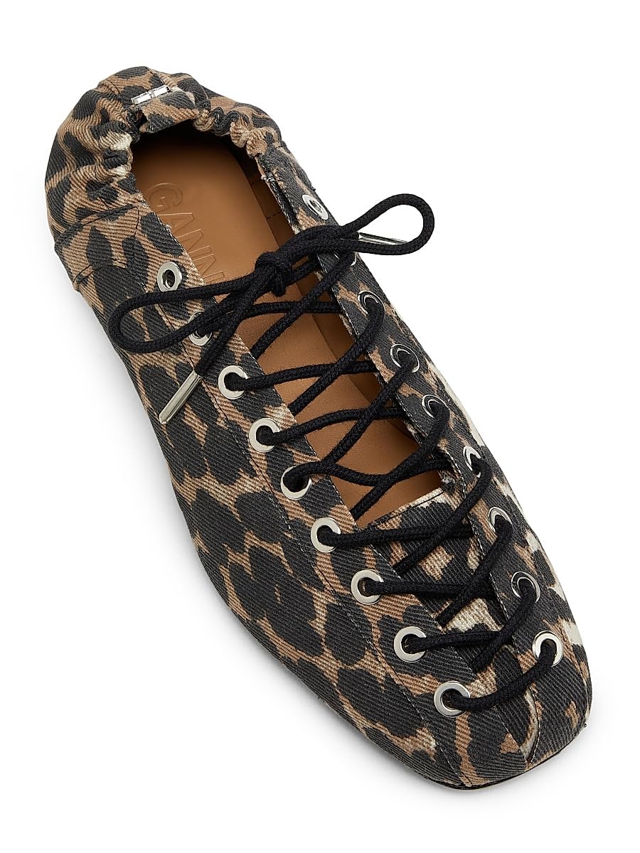 Ganni, Eyelets Denim Lace-Up Ballerina Flats