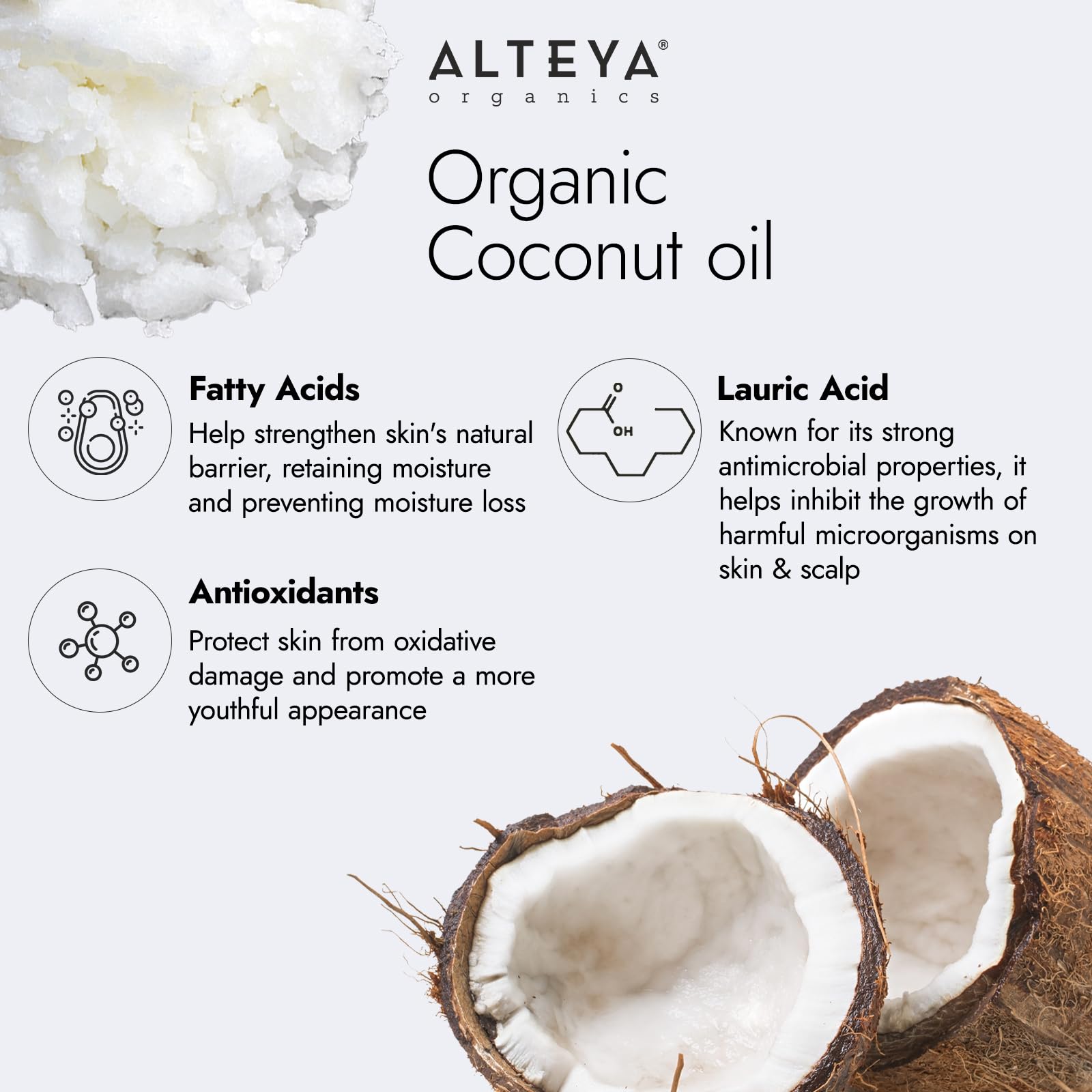 Alteya Aceite de Coco Crudo Virgen Extra Ecológico 350 ml - Aceite de coco 100% orgánico con certificado USDA, Cocos Nucifera puro y natural. País de origen Sri Lanka.