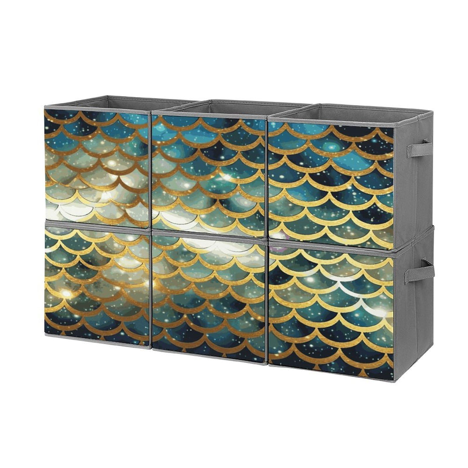 Fekiloot Style Golden Glittering Fish Scales Storage Bin For Foldable And Handles,Closet Organizer Of 6-Pack Stackable,Storage Box For Living,Room, Office,Bedroom,Closet