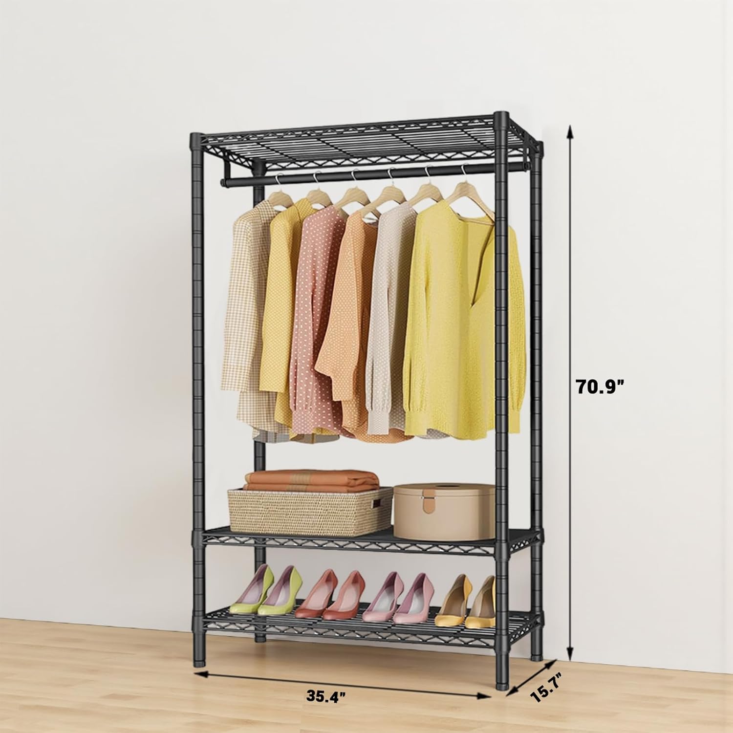GarveeHome Heavy Duty Clothes Garment Racks Closet Organizer Portable Clothing Racks for Hanging Coat with Shelves Wardrobe Adjustable Freestanding Sturdy Metal Black Double Rods