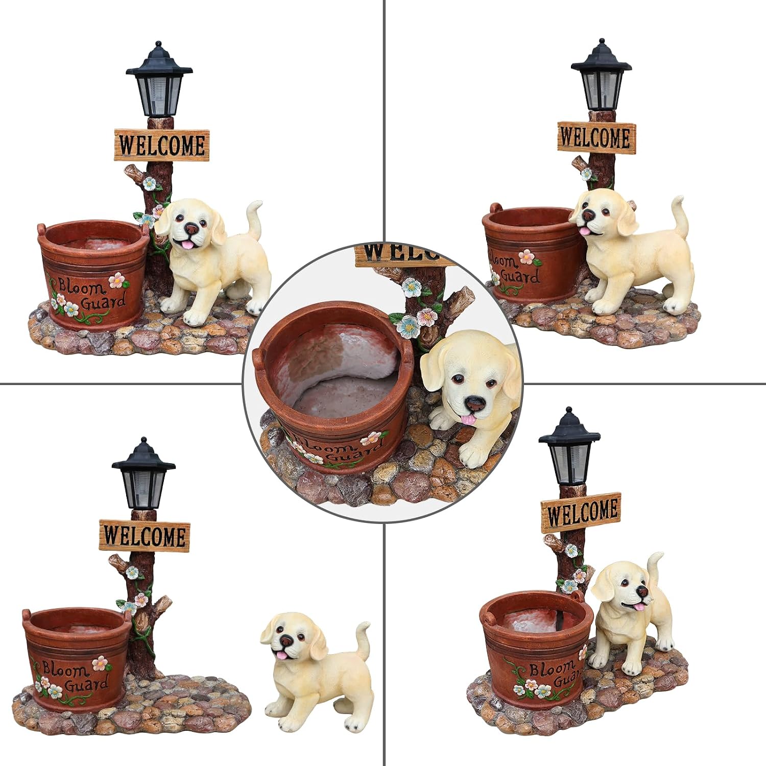 Solar Labrador Puppy Planter with Welcome Sign & Lantern, Resin & Fiberglass Dog Flower Pot, Shatterproof Fade Resistant Outdoor Garden Statue for Yard Patio Lawn Decor, 20.87" H