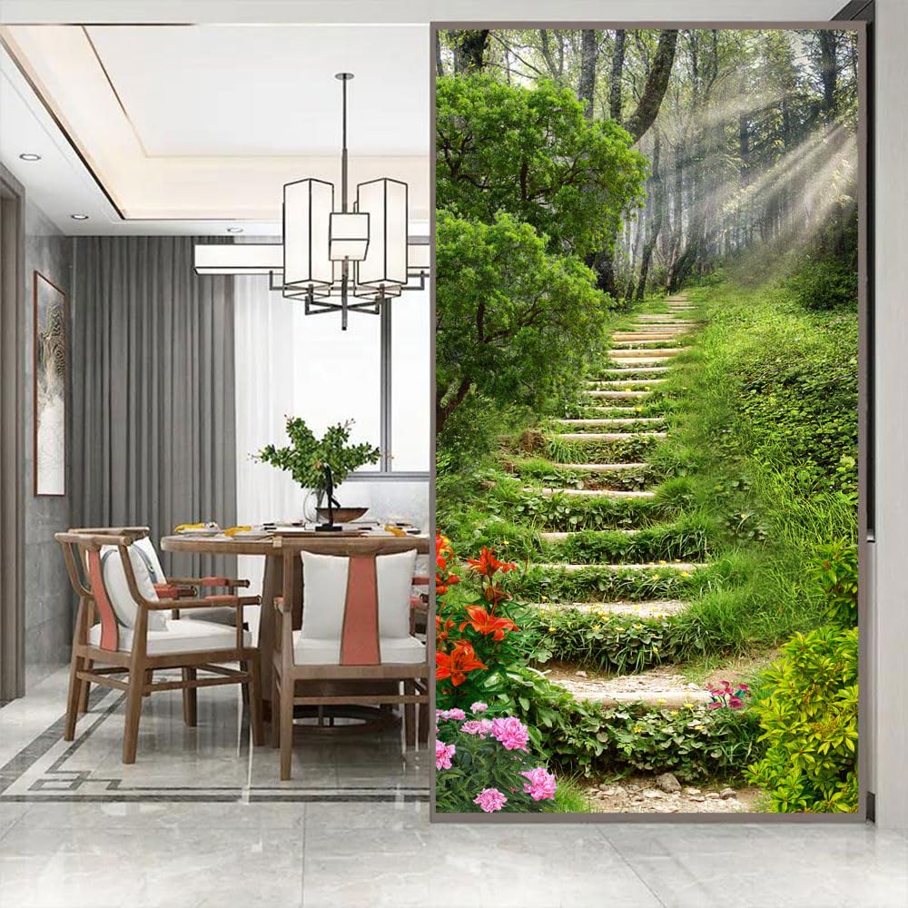 Static Cling Window Film Privacy Heat Control Anti UV Blocking Window Stickers Green Path Decorative Frosted Window Film W17.7 x H25.5(45x65cm)