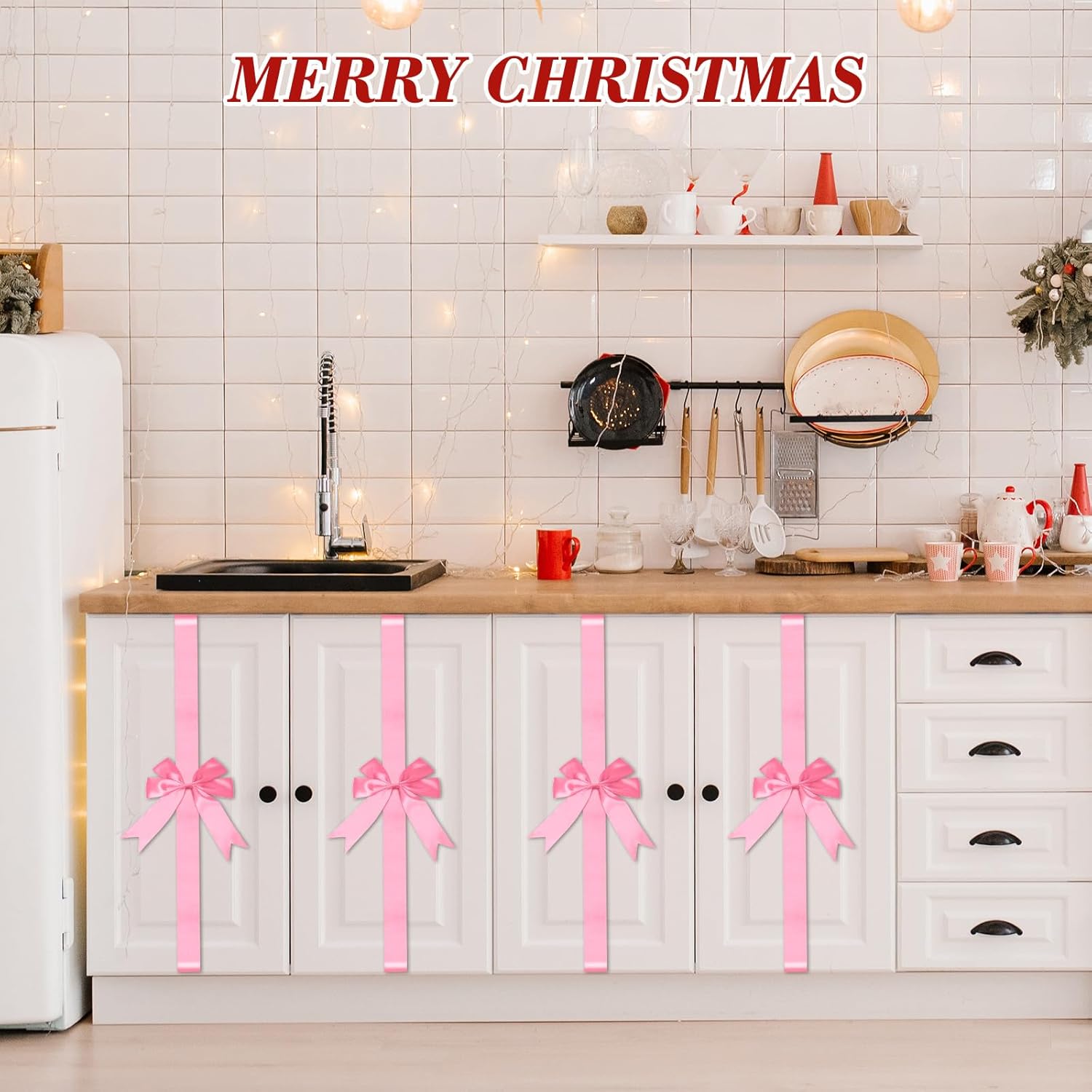 8 Pcs Large Christmas Cabinet Door Bows and Ribbons 78 Inch Christmas Door Cabinet Bows for Gifts Xmas Holiday Furniture Kitchen Party Decorations (Pink)