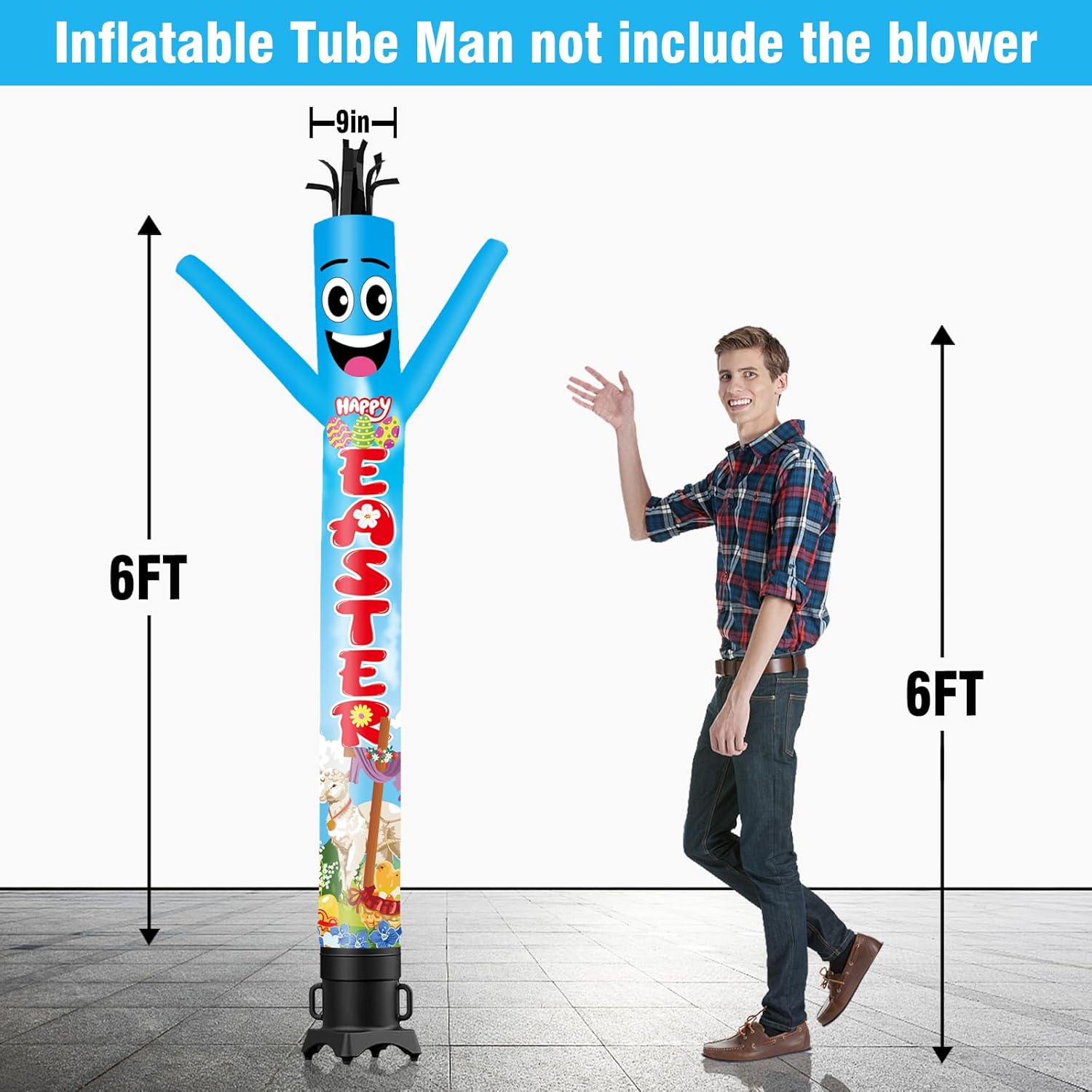6FT Tall Happy Easter Inflatable Tube Man (9''Diameter) Wacky Wavy Dancing Guy for Outdoor Decoration Advertising Business Promotion - Easter Theme (Blower Not Included)