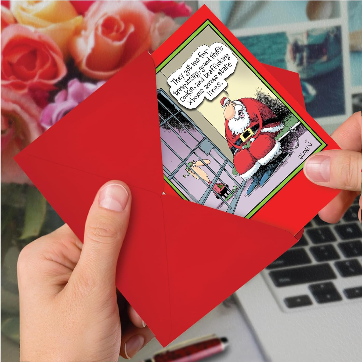 NobleWorks - Box of 12 Funny Christmas Greeting Cards with Envelopes, Humor Holiday for Men and Women (1 Design, 12 Cards) - Santa in Jail B5835