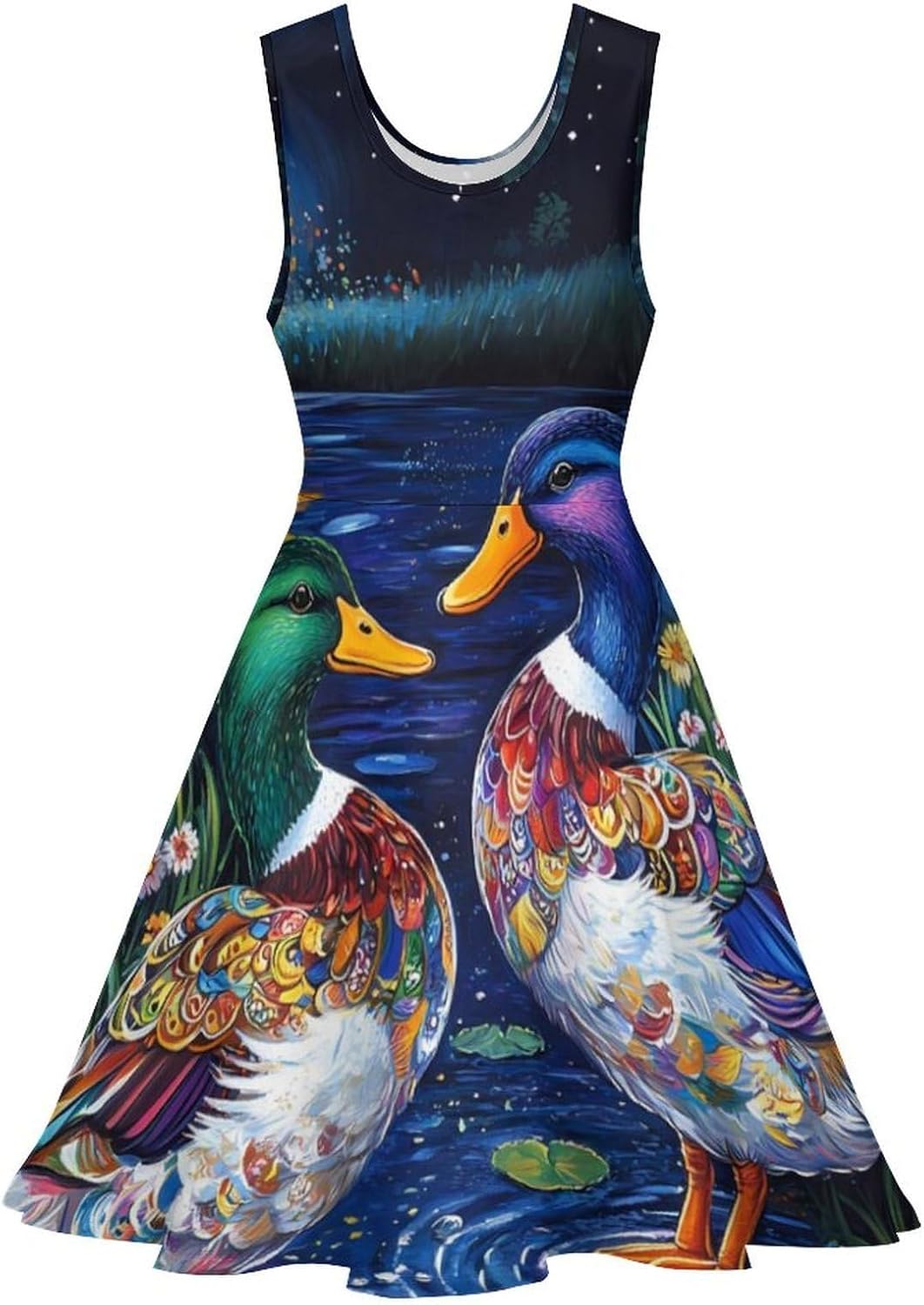 Mallard Duck Print Bird Women's Dresses Round Neck Dress Sleeveless Tank Dress Ruffle Hem Sundress