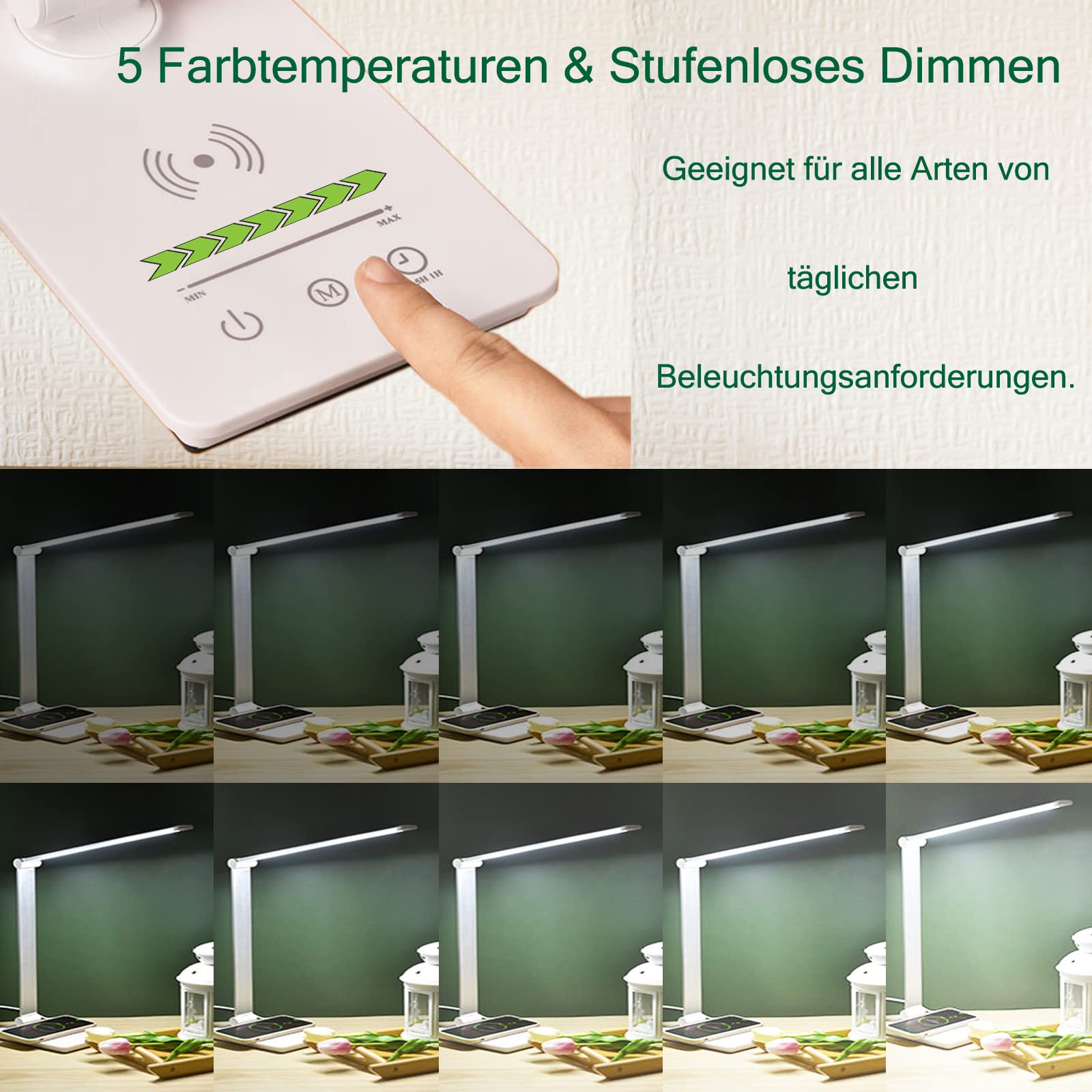 Tischlampe, Schreibtischlampe Büro 5 Farb und Stufenloses Dimmen Tischleuchte mit Wireless Ladegerät und Timmer Nachttischlampe Memory-Funktion Augenfreundliche Leselampe für Arbeit Lernen weiß