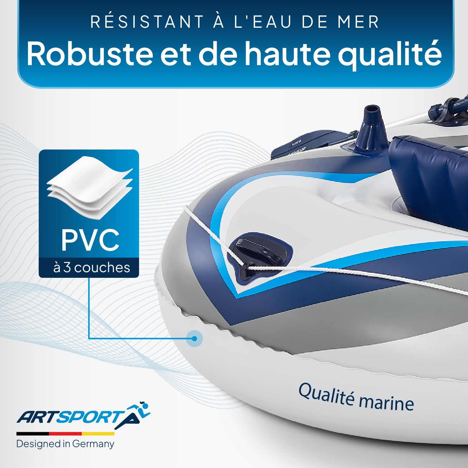 ArtSport Bateau pneumatique 330 cm pour 4 Personnes – Bateau à pagaie Gonflable avec 2 bancs – Bateau à rames en PVC avec Pompe à air, pagaie, Sac et kit de réparation