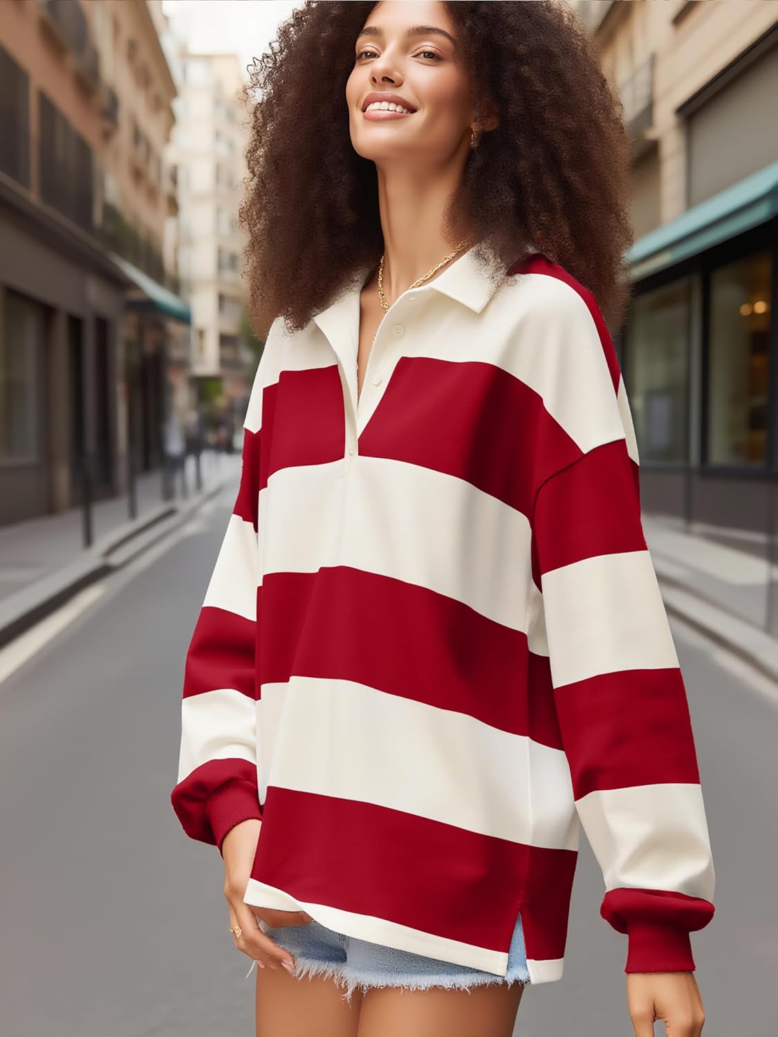 Women Striped Polo Sweatshirt Oversized Long Sleeve Lapel V Neck Pullover Shirt Trendy Rugby Shirts - Image 3