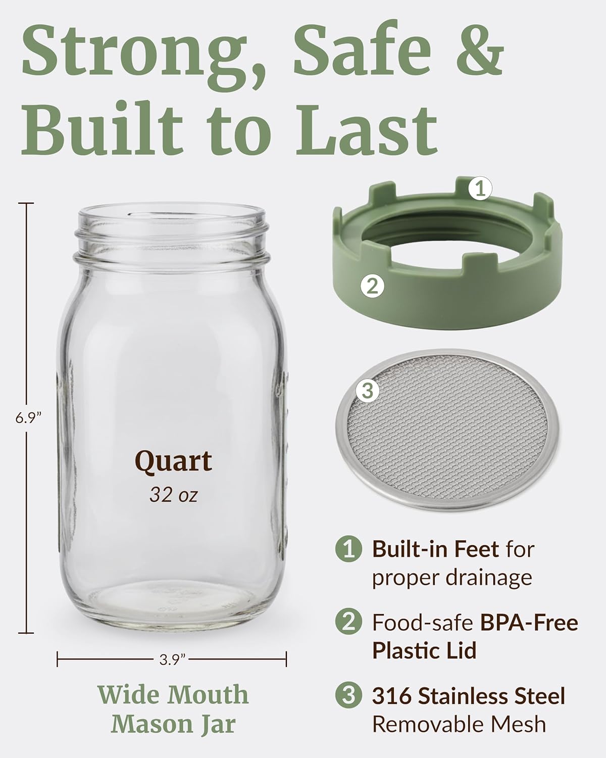 Elementi Sprouting Jar Kit - Set of 2 Wide Mouth Mason Jars with Sprout Lids & Stainless Steel Mesh Screen - Seed Sprouting Kit & Sprout Jars for Growing Broccoli Sprouts, Alfalfa, Mung Bean Sprouter