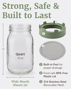 Elementi Sprouting Jar Kit - Set of 2 Wide Mouth Mason Jars with Sprout Lids & Stainless Steel Mesh Screen - Seed Sprouting Kit & Sprout Jars for Growing Broccoli Sprouts, Alfalfa, Mung Bean Sprouter