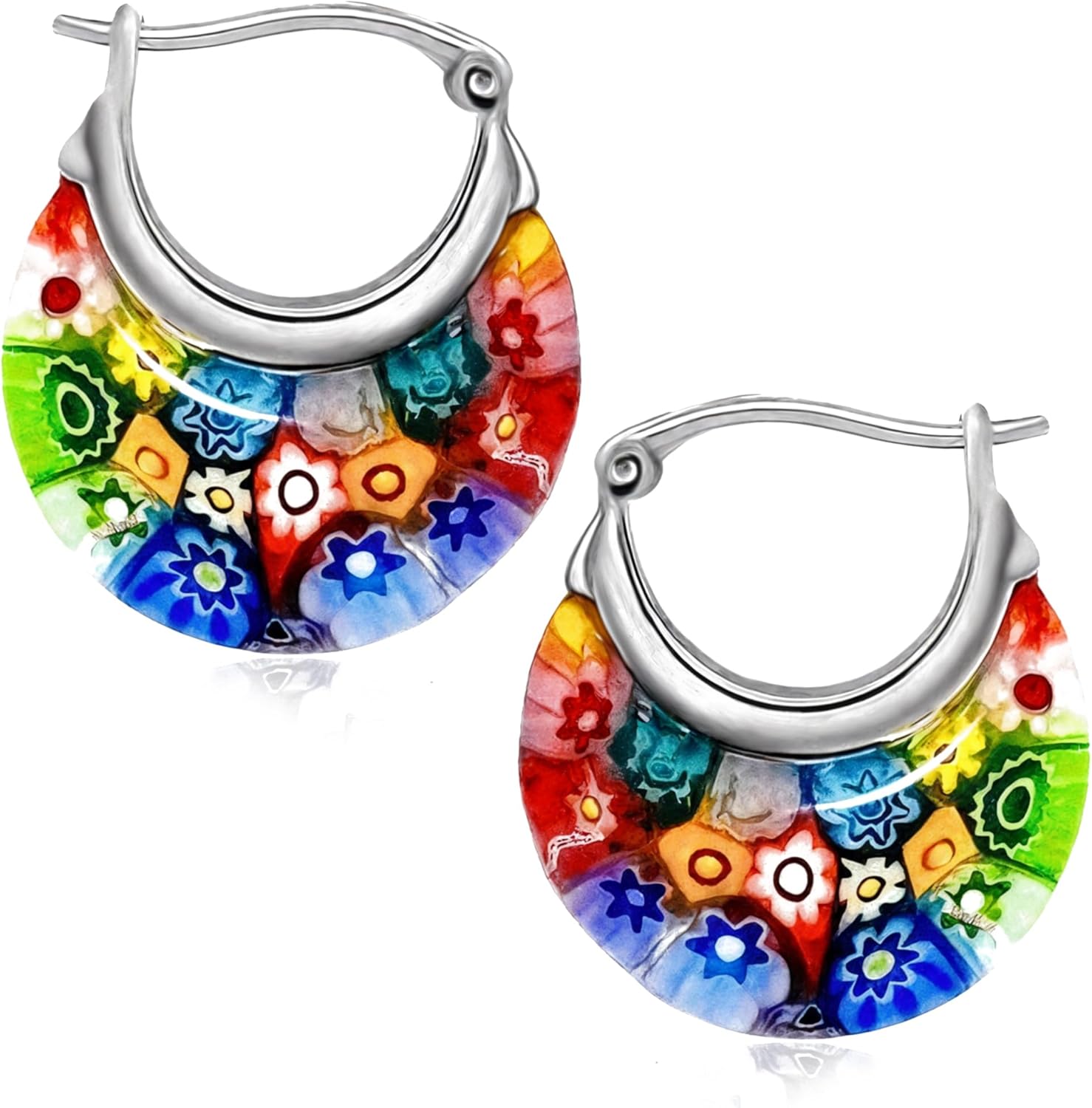 Colorful Murano Style Millefiori Glass Hoop Earrings for Women Daisy Flower Stainless Steel Jewelry Trendy Birthday Gifts for Women 11.6 Gms