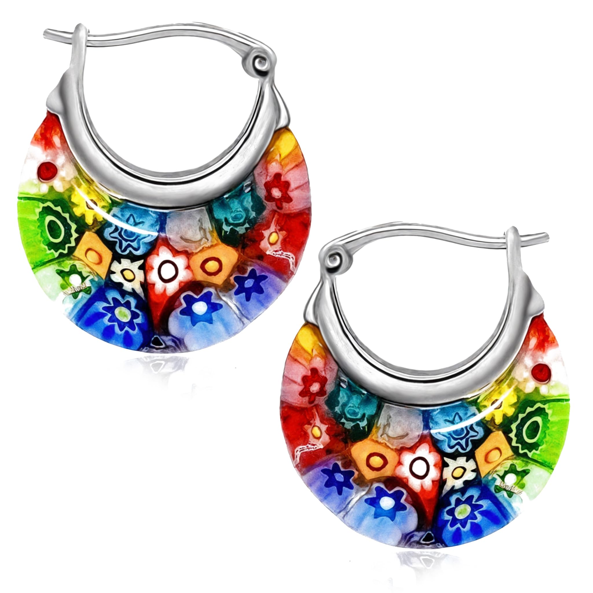Colorful Murano Style Millefiori Glass Hoop Earrings for Women Trendy – Floral Statement Hoops, Stainless Steel Flower Jewelry, 11.6g