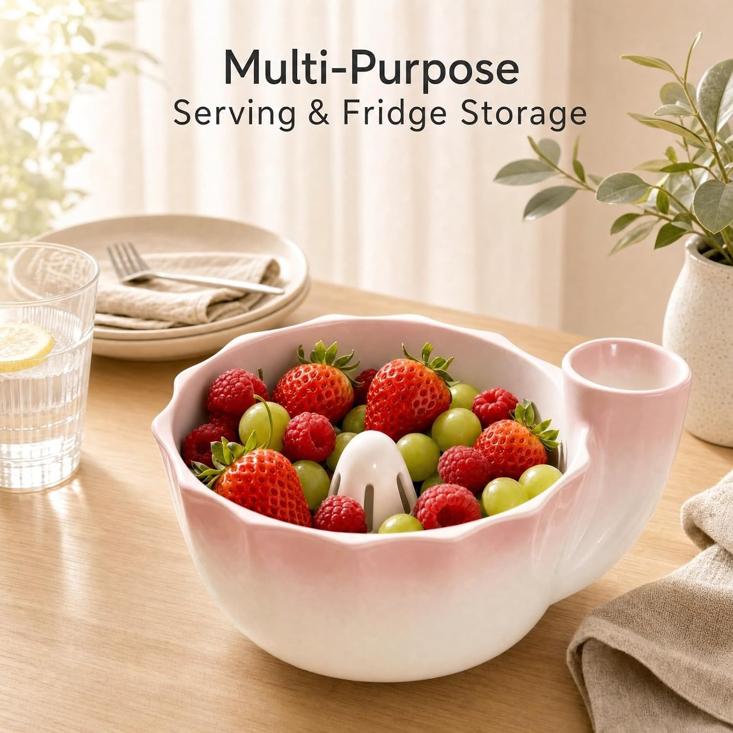Berry Bowl,Berry Bowls With Holes Ceramic,Automatic Fruit Washer (Pink)