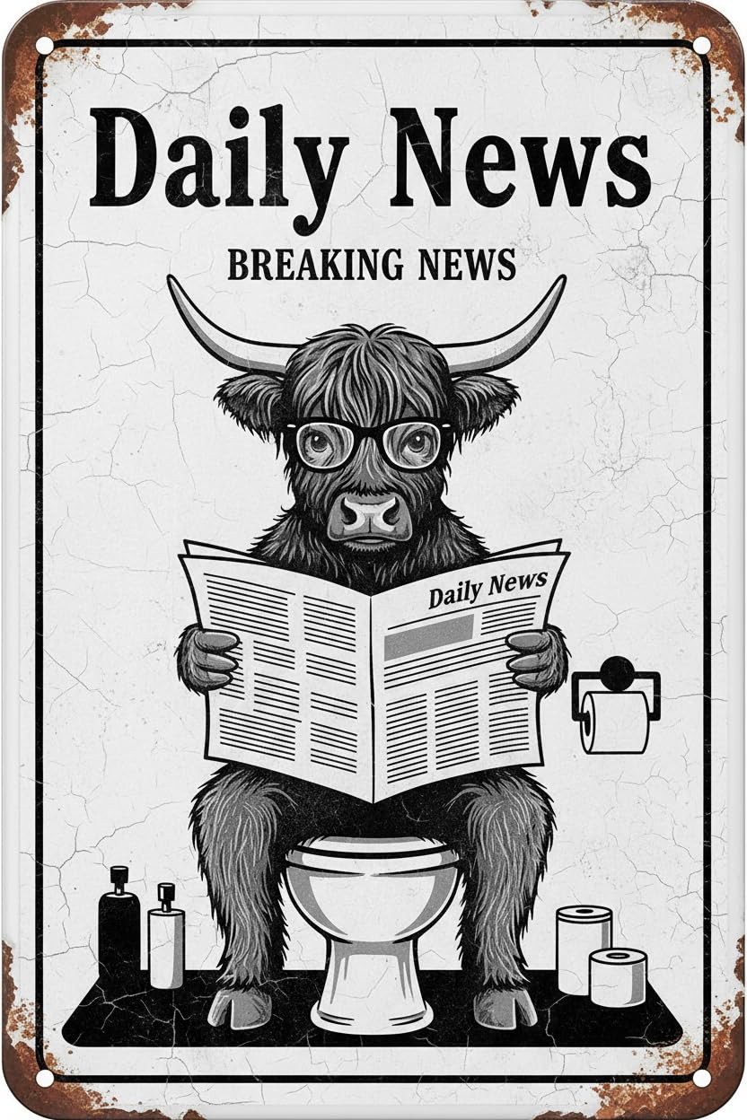 Vintage Metal Tin Sign Metal Sign 8X12 Inch, Cow Reading Newspaper Funny Tin Sign Wall Art Decor For Home, Bathroom, Toilet Decoration Custom Private Property Signs Outdoor