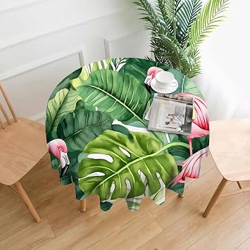 Flamingo Pink Tablecloth for Round Table Bird Long Neck and Beak Tropical Palm Leaves Table Cover Protector Fitted Home Kitchen Dinner Outdoor Picnic Party Decorations,60 Inch