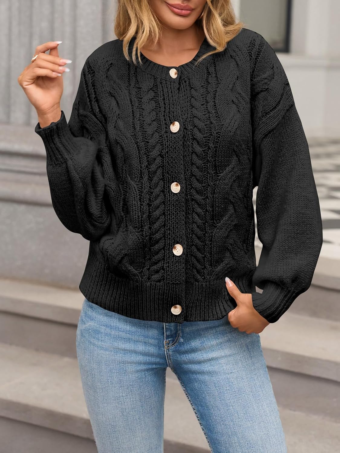 Yousify Womens Open Front Cardigan Sweaters Casual Cable Knit Long Sleeve Button Down Chunky Loose Fall Sweater - Image 5