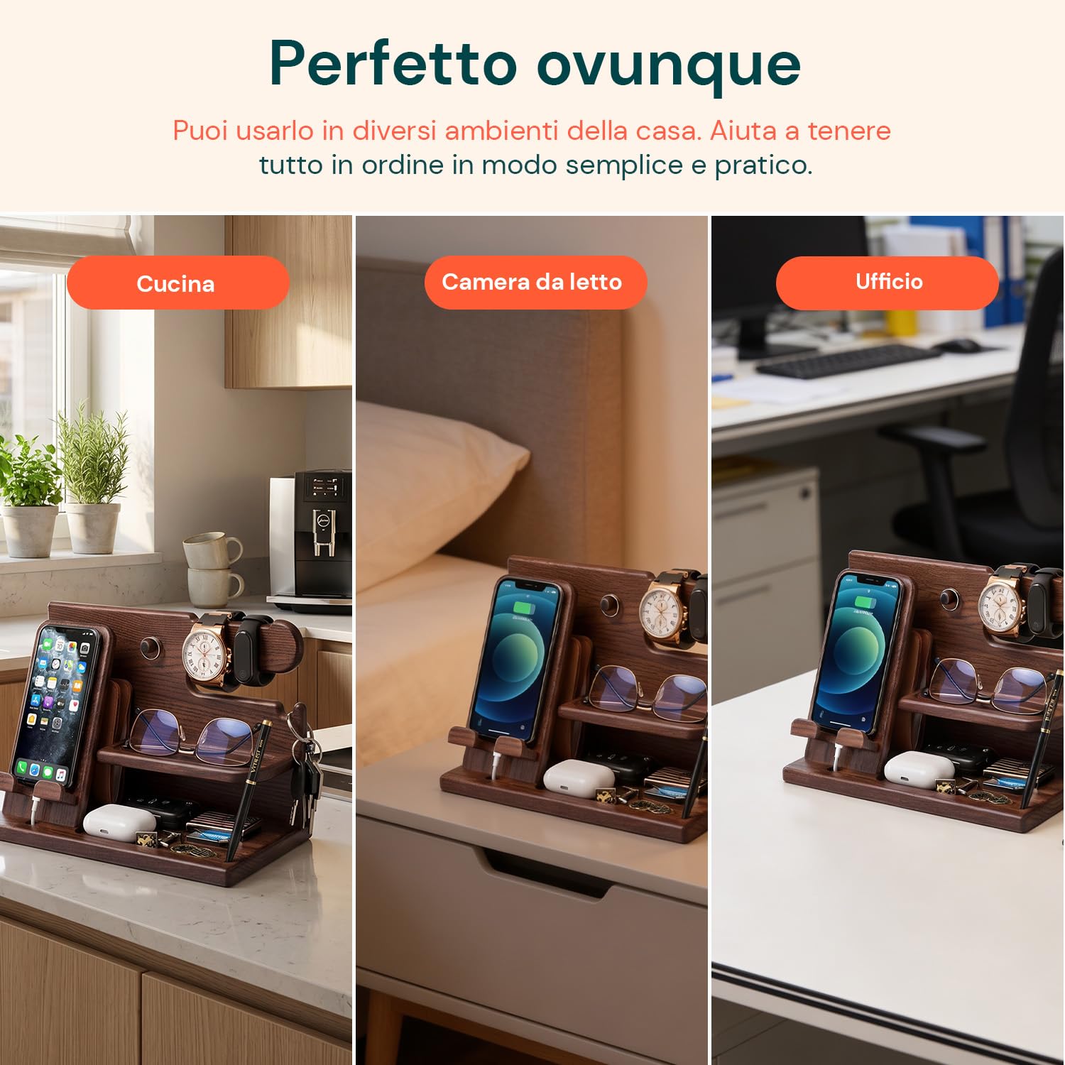 Avilia - Organizer in Legno con Supporto Smartphone e Porta Orologi – Stazione di Ricarica e Svuotatasche da Scrivania o Comodino – 25,5x15x18,5 cm – Design Naturale Elegante e Multiuso