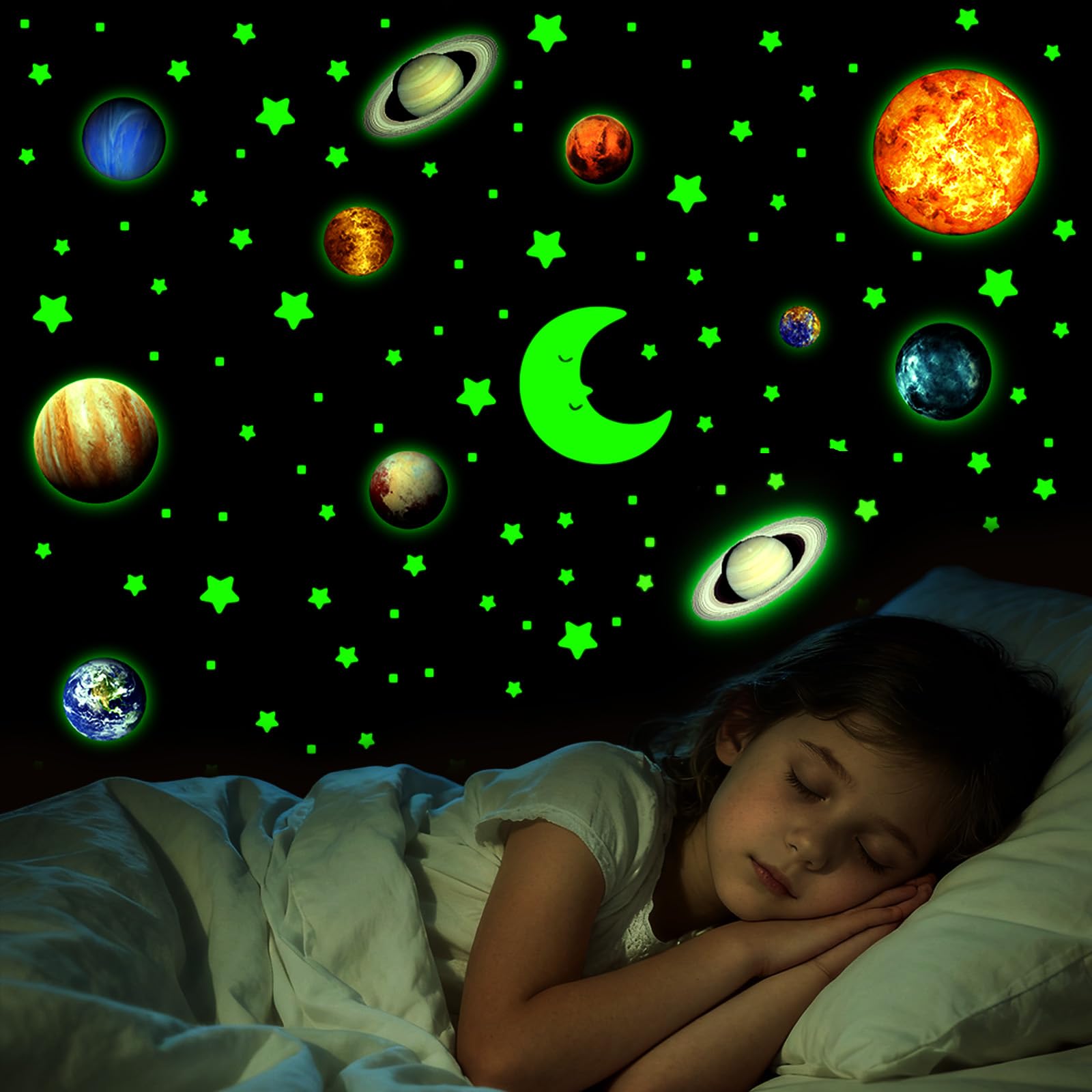 Gsrhzd Leuchtsterne Kinderzimmer, 522 Stück Leuchtsterne Selbstklebend, Sterne Mond Sonnensystem Aufkleber, Fluoreszierende Sterne für Kinderzimmer Schlafzimmer Wohnzimmer