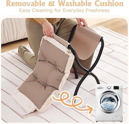Vista 9 de Welnow Taburete plegable, otomana tapizada con acento pequeño con cojín de algodón grueso desmontable acolchado y marco de metal para silla Beige