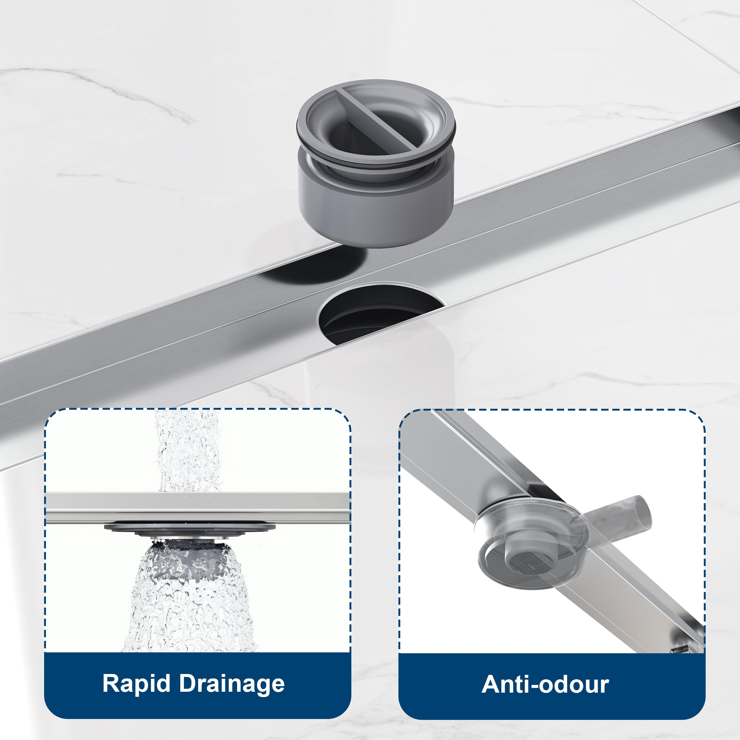 Neodrain Caniveau de Douche en Acier Inoxydable avec Siphon 360°, Odeur et Filtre de Cheveux 2 en 1 Drain de Sol 60cm Extra Plat pour Salle de Bain