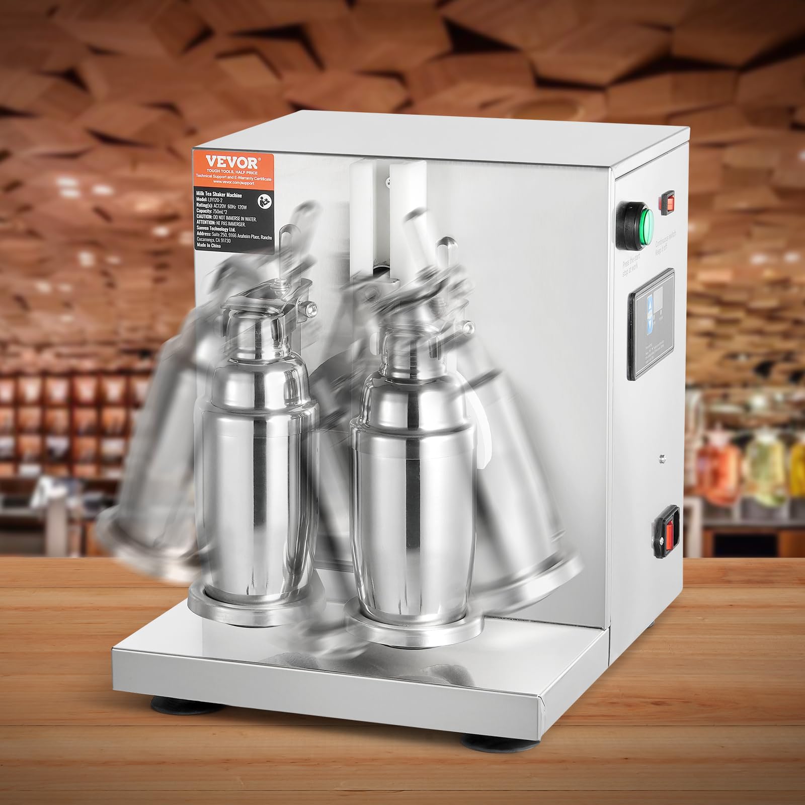 VEVOR Batteur Mixeur à Milkshake Commercial, Appareil à Thé au Lait Électrique 120 W, Mélangeur à Boissons Double Tête, Réglable 0-180 s, avec Tasse Inox 750 mL, pour Magasin de Thé au Lait Bar Café