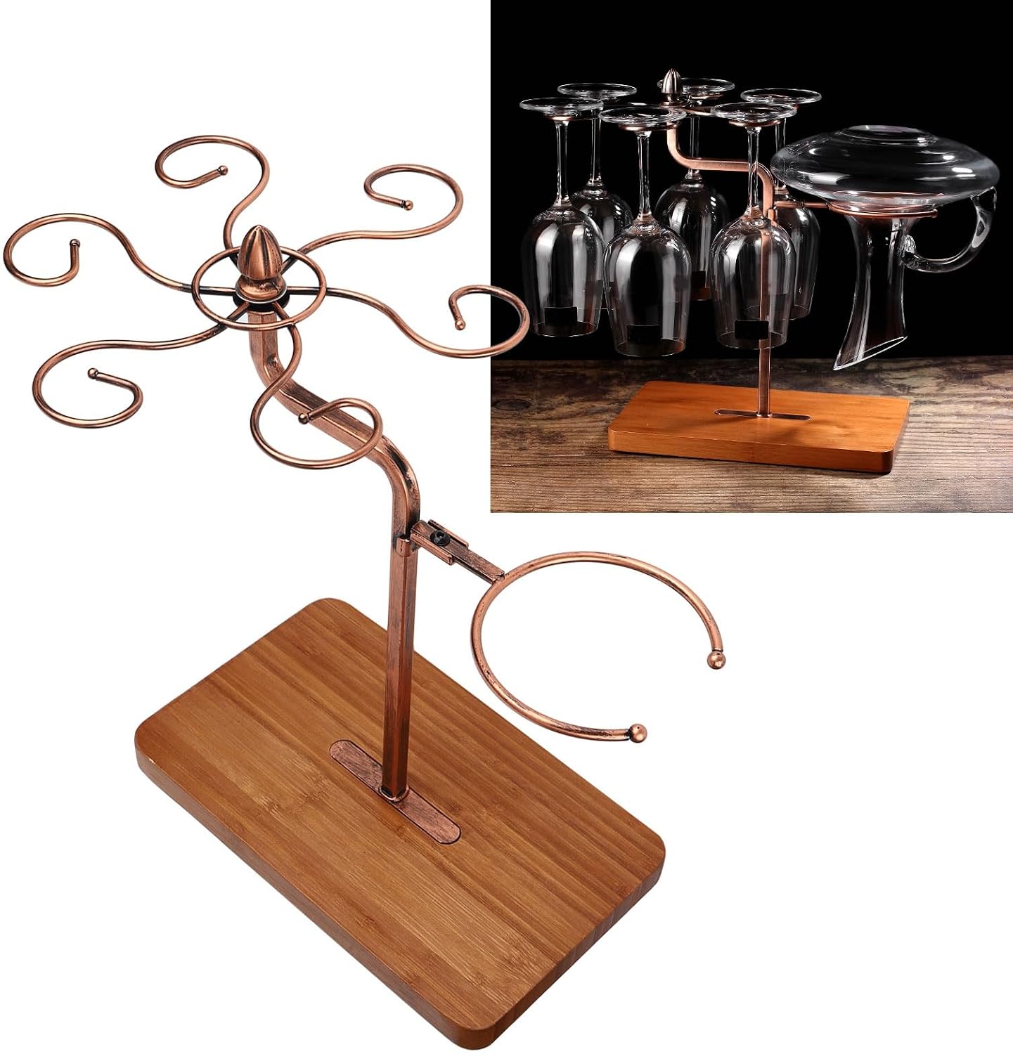 Wine Glass Holder Multifunction Desktop Goblet Drying Rack, Glass Drying Rack with Inverted Design, Rustproof Iron and Wood Wine Glass Organizer for Home Kitchen Bar (Bronze)
