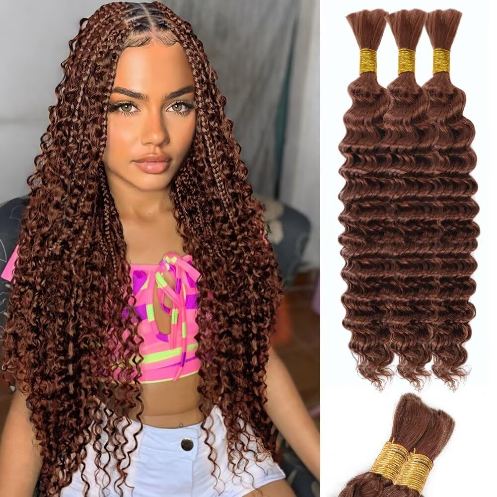 Brown Human Braiding Hair Deep Water Wave Bulk Human Hair 150g 20 Inch Color 30 Curly Human Hair for Boho Braids Hair Extensions No Weft 3 Braids Per Pack Wet and Wavy Human Hair Braiding Hair